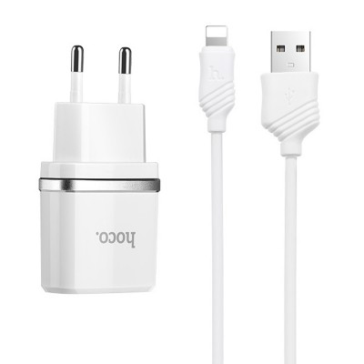 СЗУ Adapter 2USB Hoco C-12 (5V) + Data cabel Lightning White