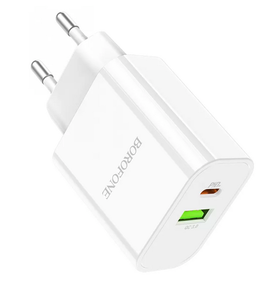 Адаптер мережевий BOROFONE BA55A Crown speed USB+Type-C PD18W/20W/3A White 36203 фото