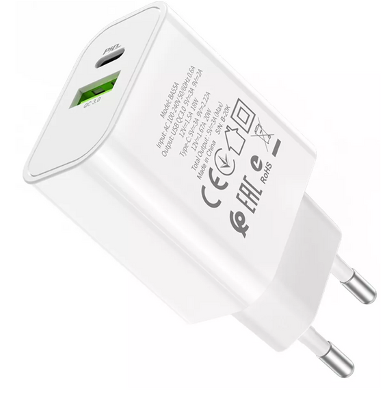 Адаптер мережевий BOROFONE BA55A Crown speed USB+Type-C PD18W/20W/3A White 36203 фото