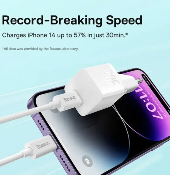 Мережевий зарядний пристрій Baseus GaN5 Fast Charger 30W Cable Type-C to Type-C 100W 1m White 48392 фото