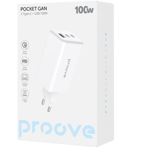 Адаптер мережевий Proove Pocket Gan 2Type-C+1USB 100W White 49044 фото