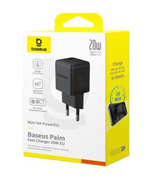 Адаптер мережевий Baseus Palm 1C 20W Type-C+USB Black 52593 фото