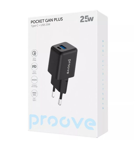 Адаптер мережевий Proove Pocket Gan Plus 25W 1Type-C+1USB Black 53302 фото Адаптер мережевий Proove Pocket Gan Plus 25W 1Type-C+1USB Black 53302 фото