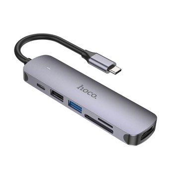 КонцентраторType-C(PD) HUB HOCO HB28 r(HDTV+USB3.0+USB2.0+SD+TF+PD) Metal Grey 44603 фото