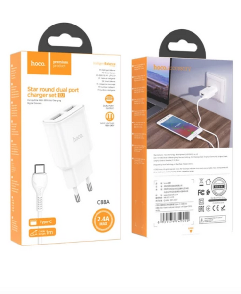Мережевий зарядний пристрій Hoco C88A Star round 2USB+Type-C White 53164 фото