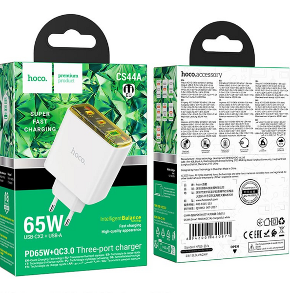 Адаптер мережевий Hoco CS44A Smart PD65W 2C1A White 48692 фото